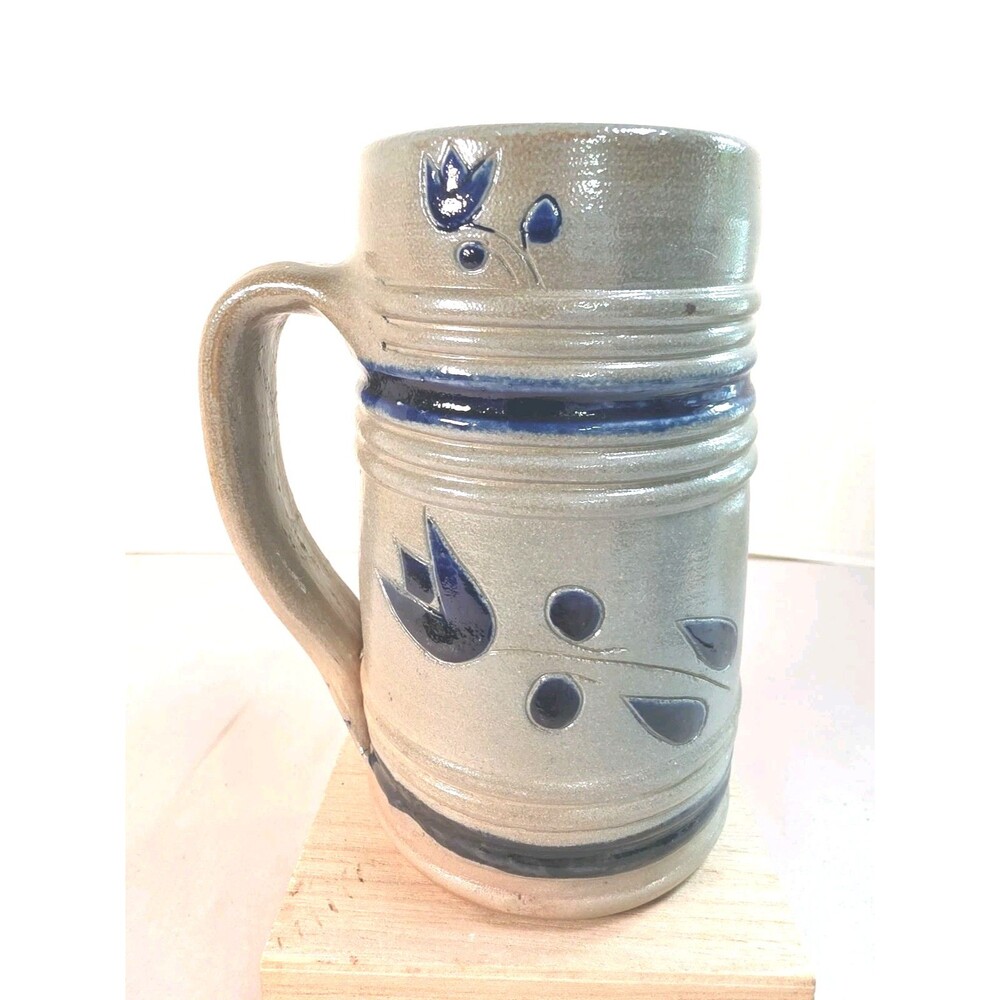 Williamburg Pottery Handmade Cobalt Salt Glaze Stoneware Mug Gray & Blue Tulip